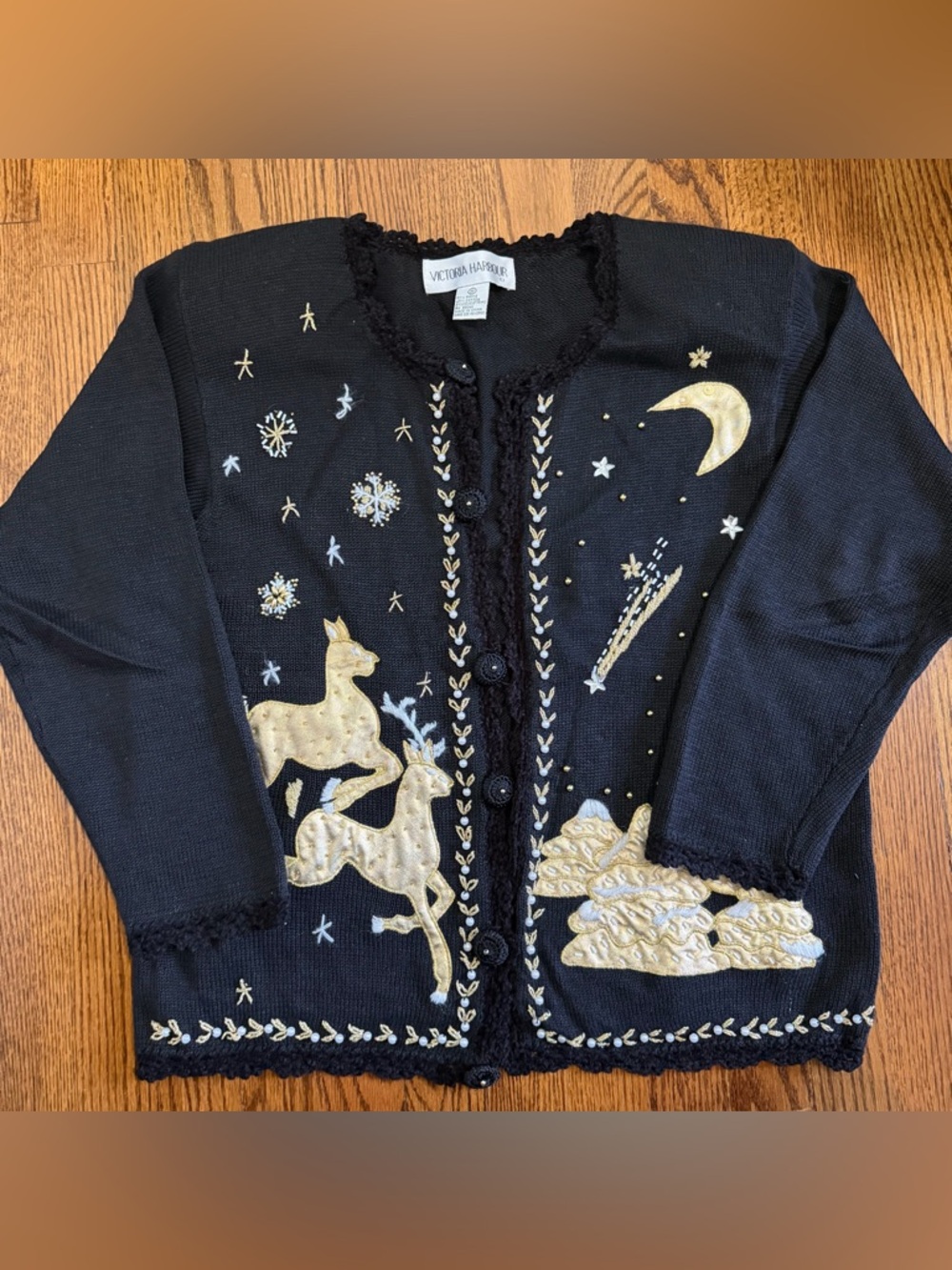 Victoria Harbour Vintage Holiday Black Gold Cardigan Sweater Size Medium